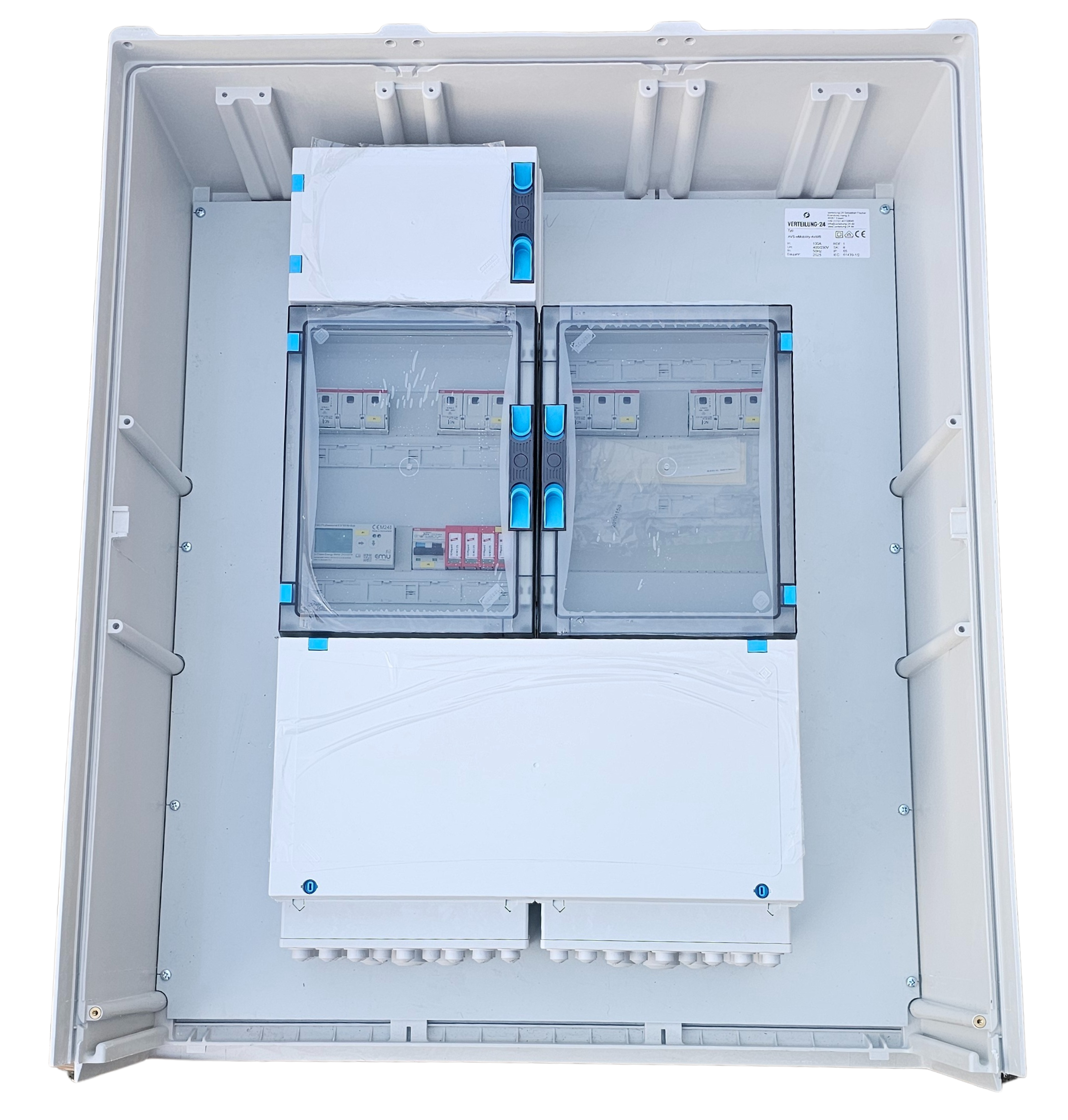 E-Mobility Außenverteiler für 4 Wallboxen mit m-Bus Verbrauchsmessung und Netzwerk